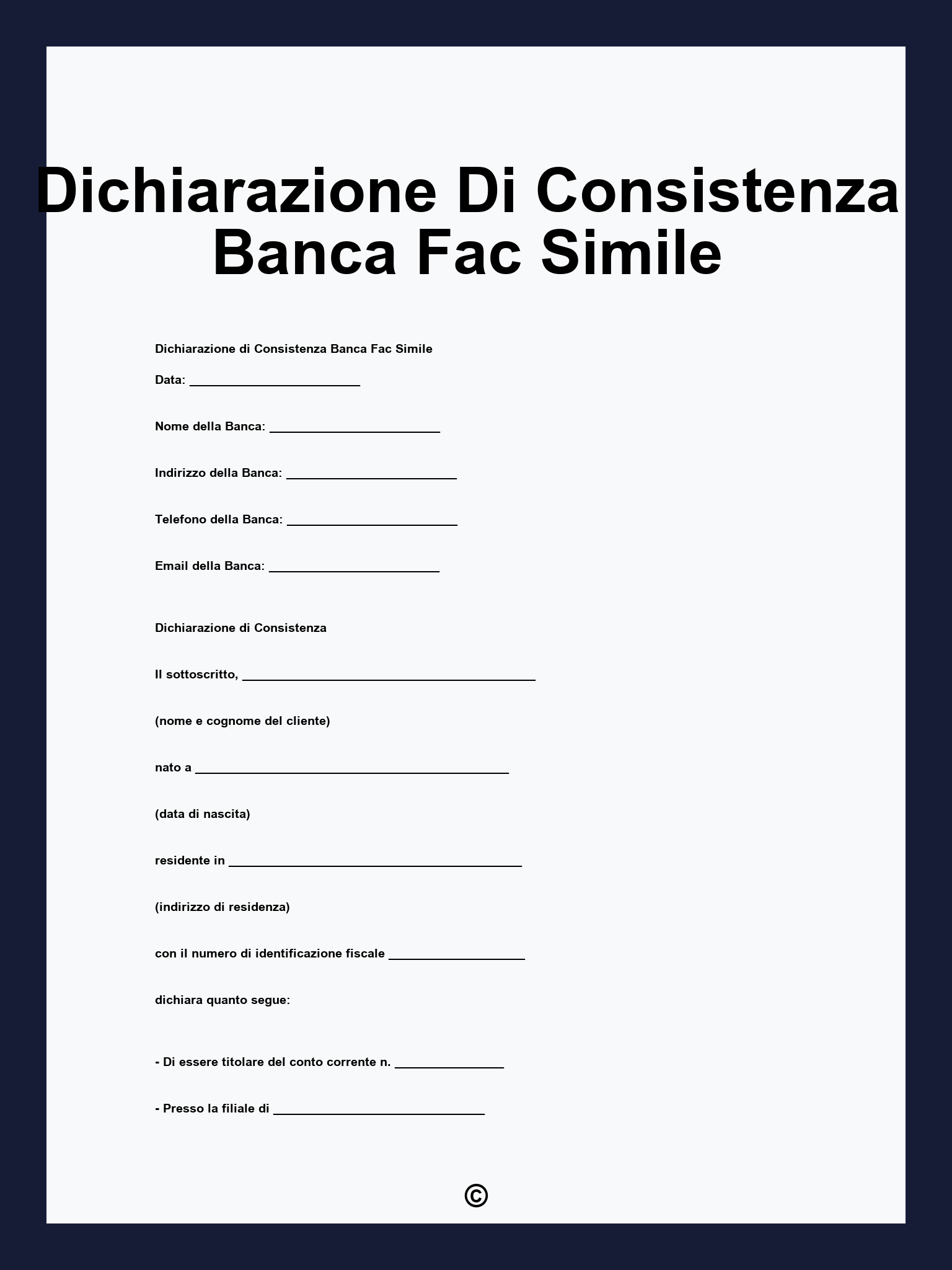 Dichiarazione Di Consistenza Banca Fac Simile