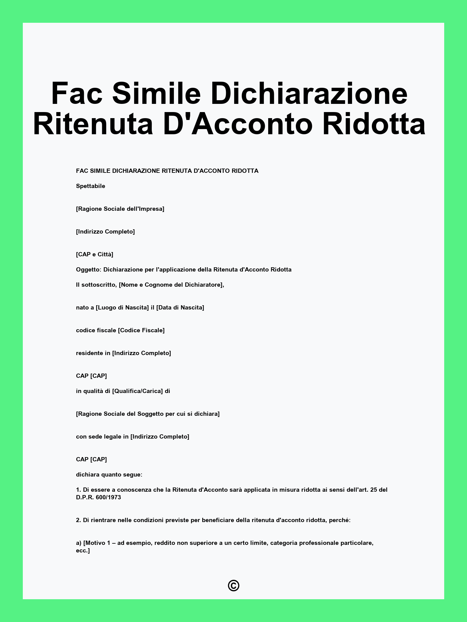 Fac Simile Dichiarazione Ritenuta D'Acconto Ridotta