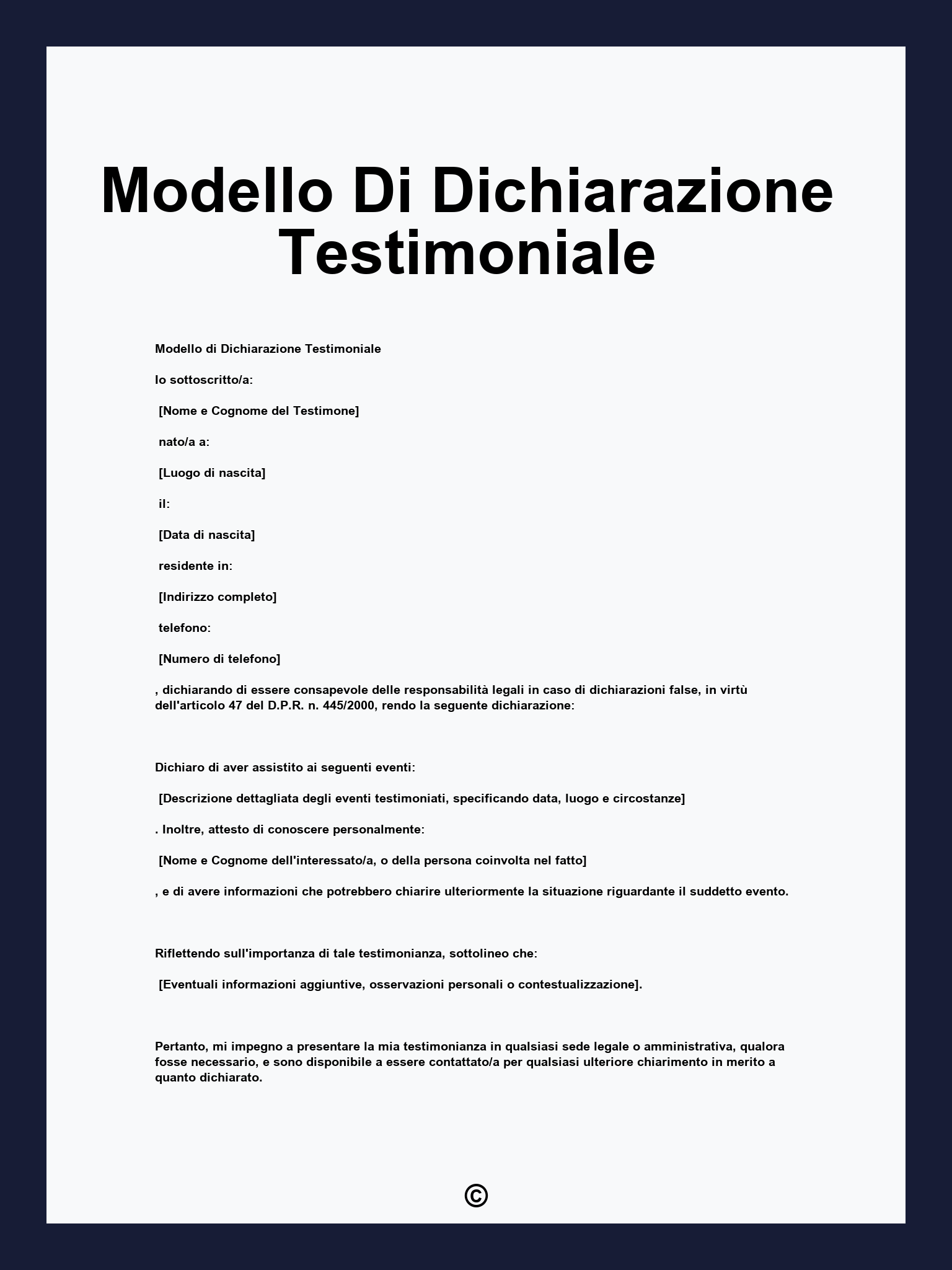 Modello Di Dichiarazione Testimoniale