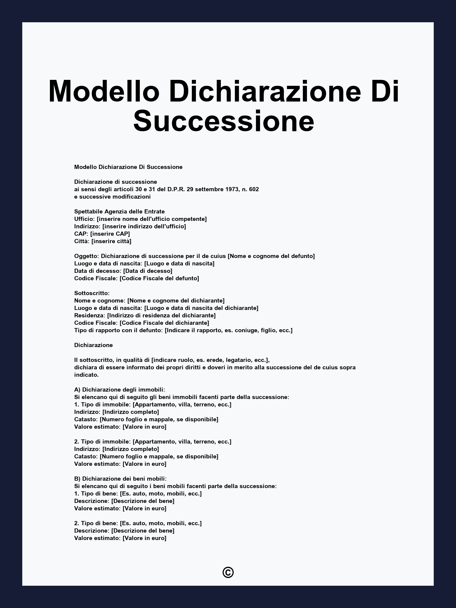 Modello Dichiarazione Di Successione