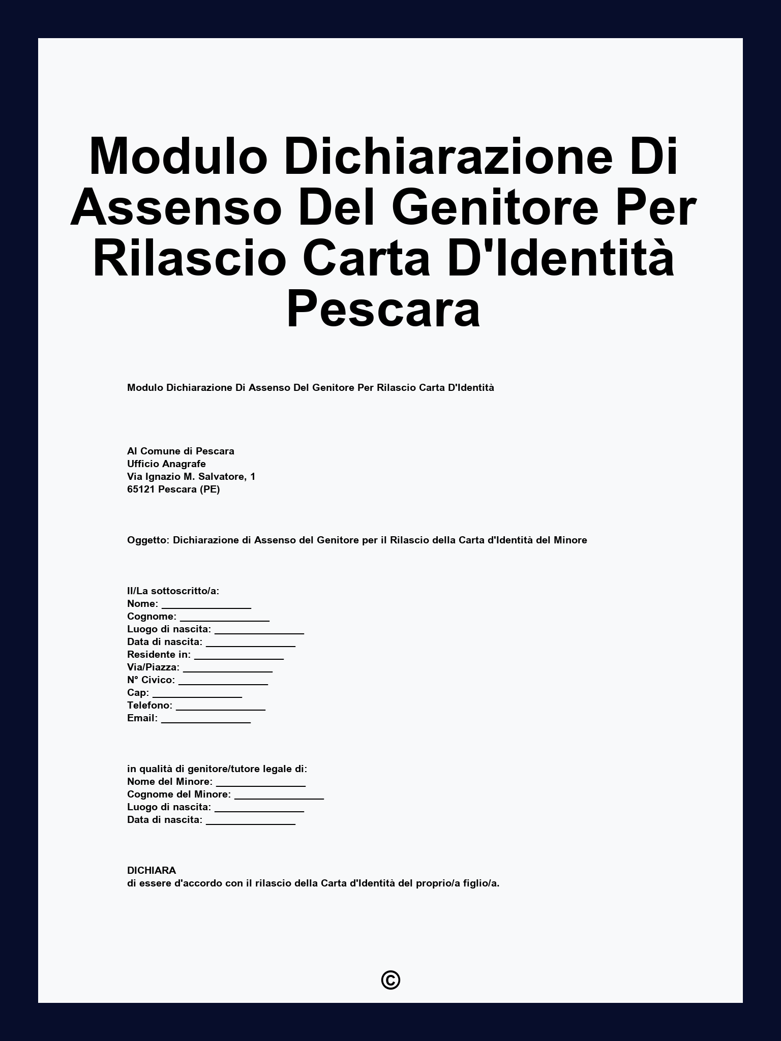 Modulo Dichiarazione Di Assenso Del Genitore Per Rilascio Carta D'Identità Pescara