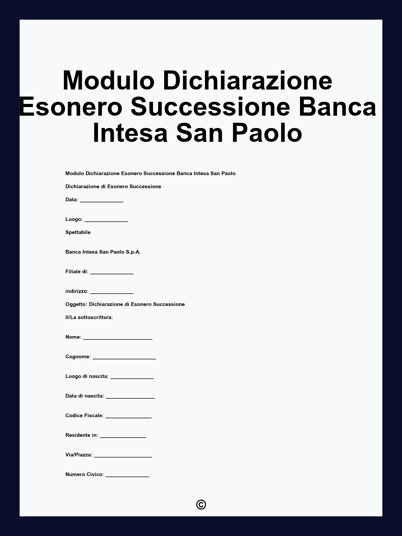 Modulo Dichiarazione Esonero Successione Banca Intesa San Paolo