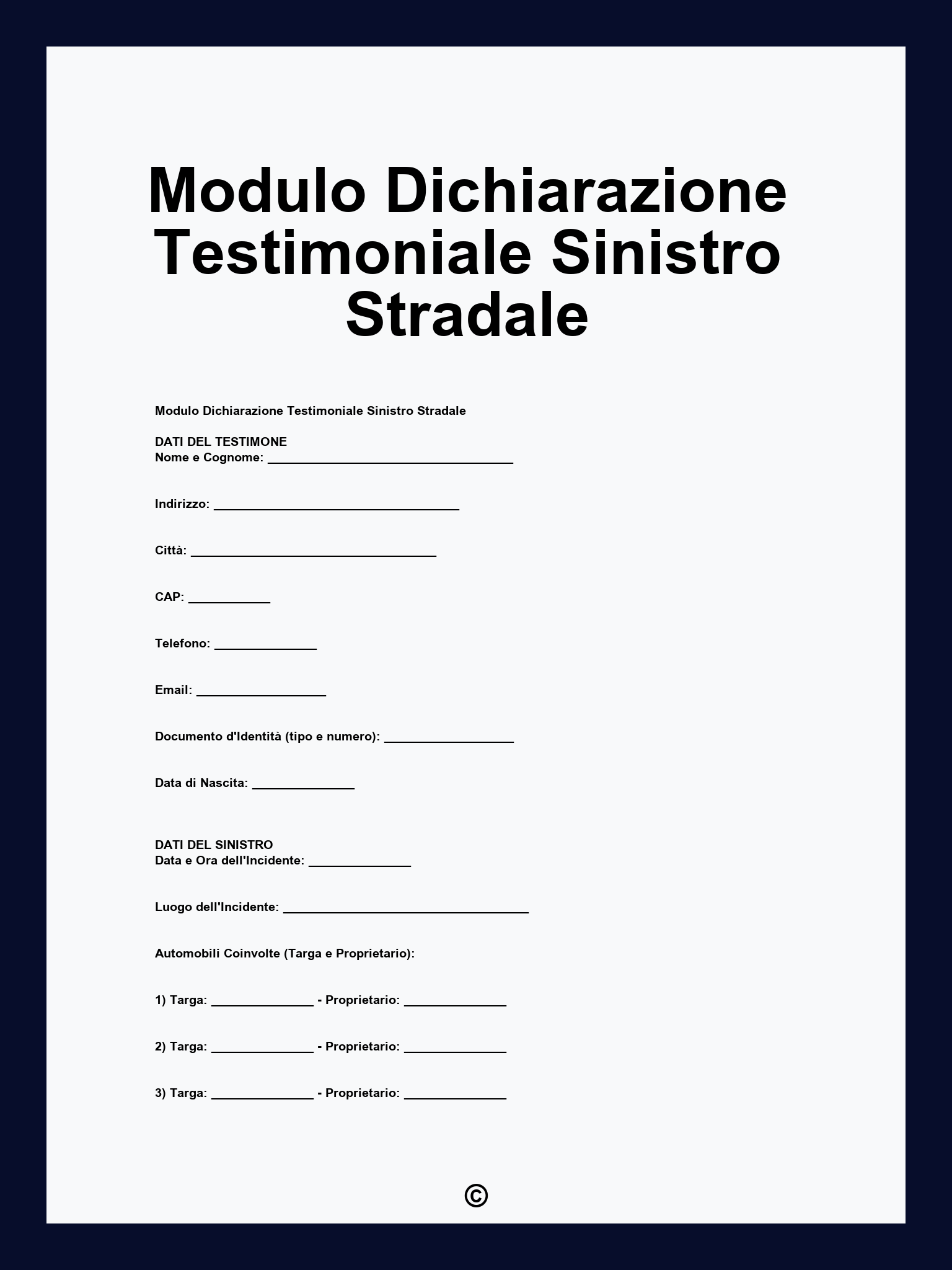 Modulo Dichiarazione Testimoniale Sinistro Stradale